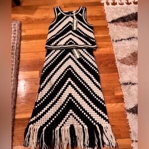 Black and Cream Crochet Fringe Dress Set NWT